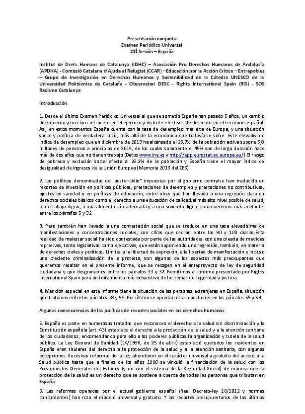 Informe: denuncia de los retrocesos en derechos humanos en España. Examen Periódico Universal